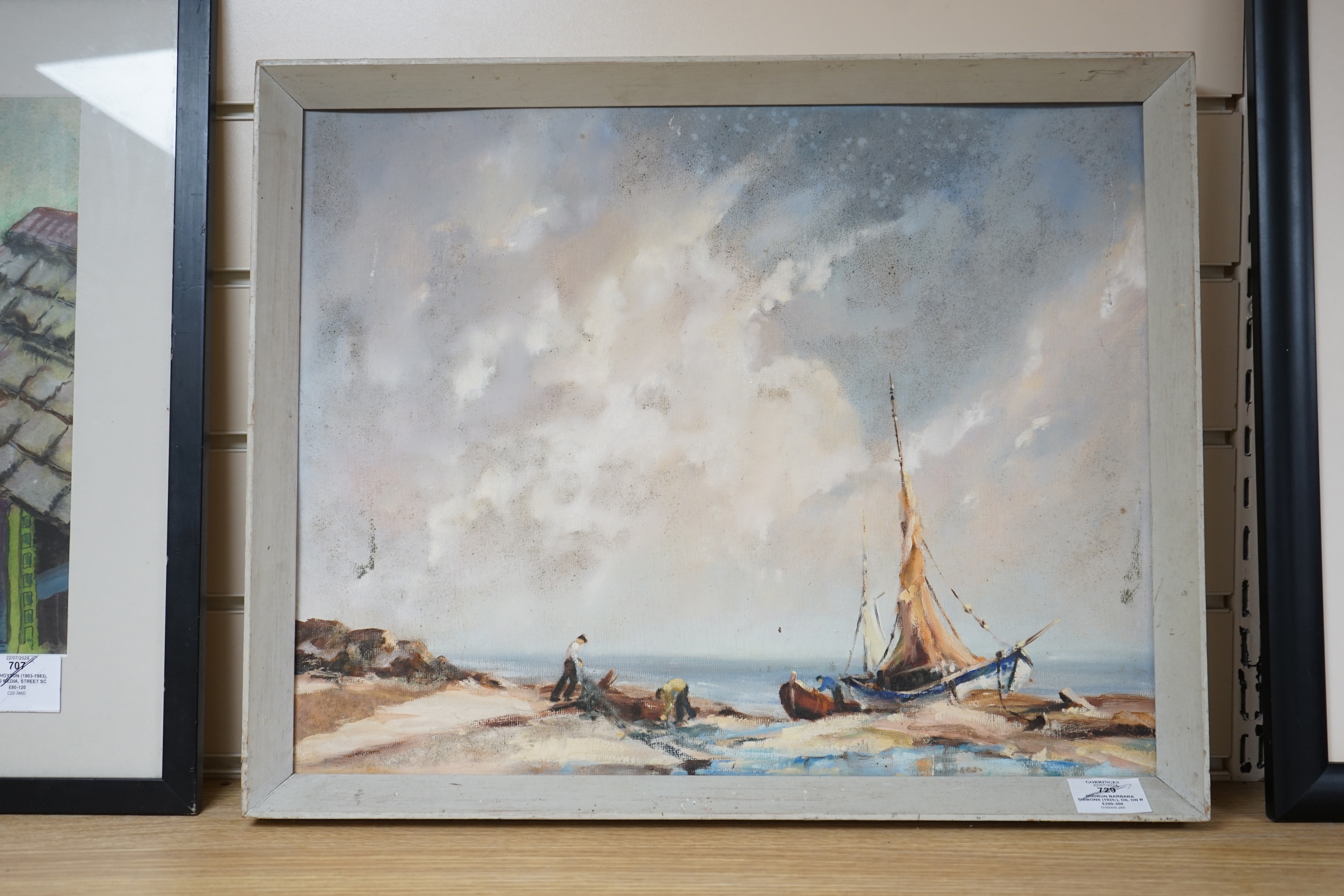 Gudrun Barbara Sibbons (1925-), oil on board, 'Drying nets, mouth of Avon, Christchurch, Hants', inscribed verso and dated 1955, 39 x 49cm. Condition - poor to fair